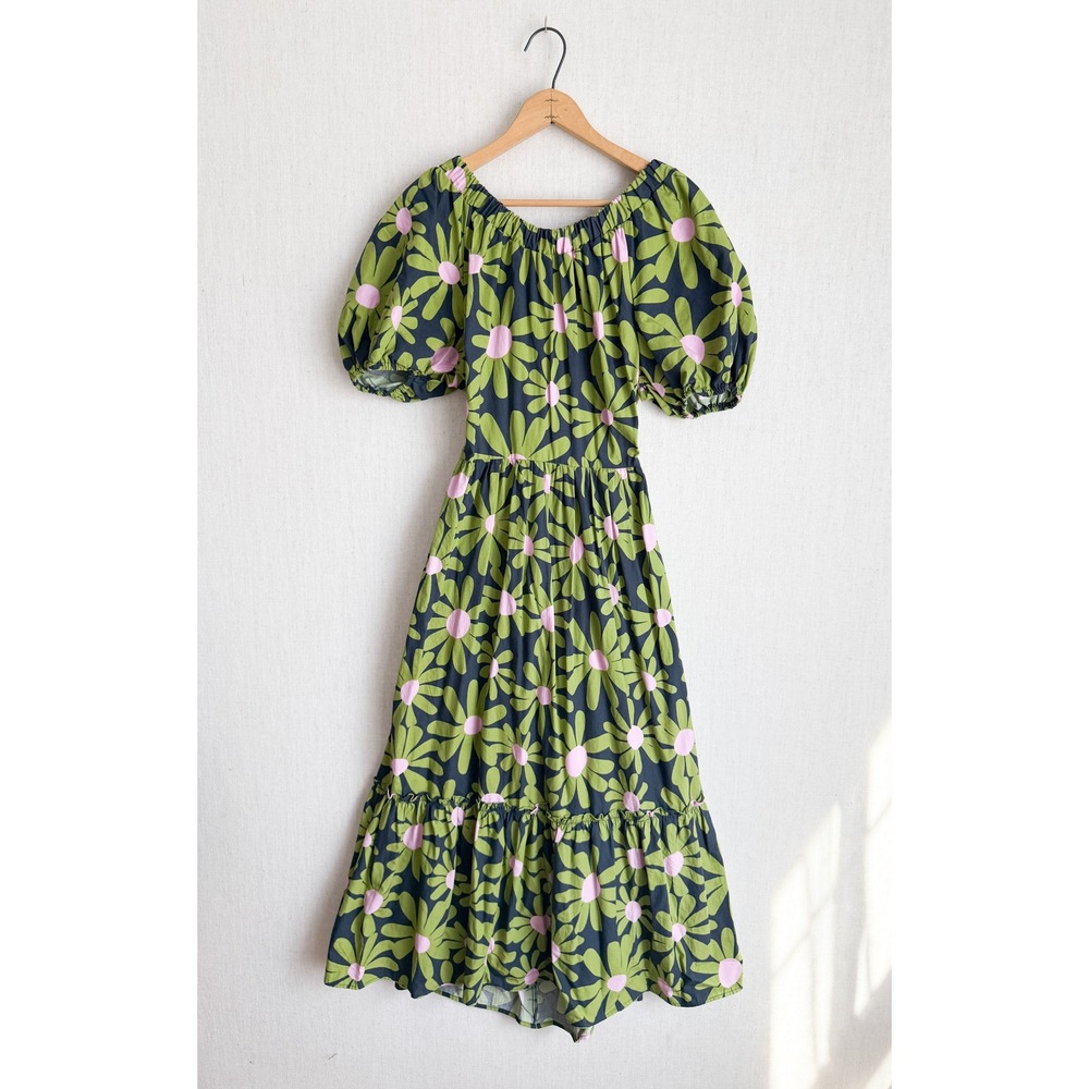 Topshop Floral Puff Sleeve Midi Dress Green Pink Daisy‎ Open Tie Back US 6 UK 10